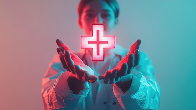 médico de medicina sostiene iconos médicos de atención médica para el concepto de seguro de salud en el fondo del hospitalilustración