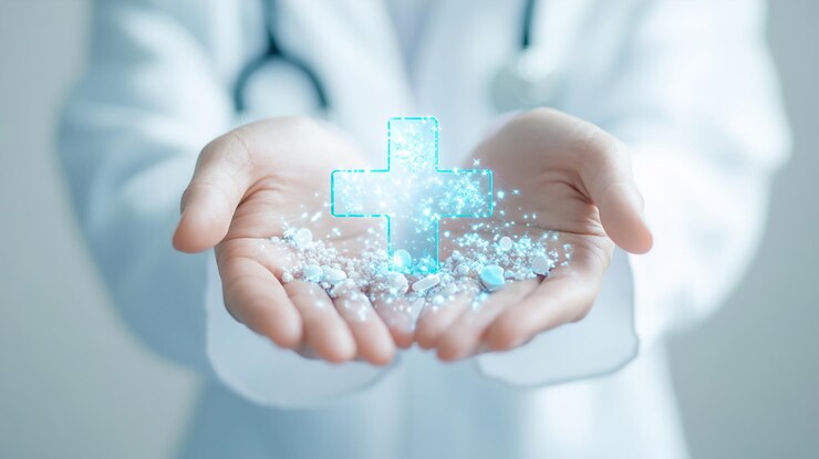 médico de medicina sostiene iconos médicos de atención médica para el concepto de seguro de salud en el fondo del hospitalilustración