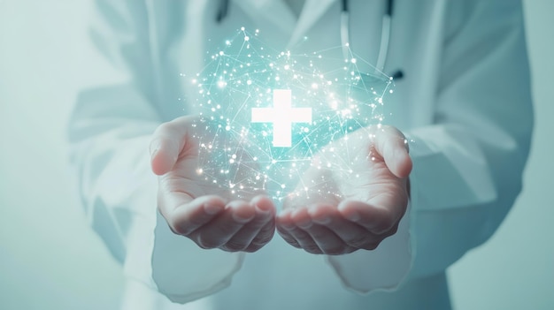 médico de medicina sostiene iconos médicos de atención médica para el concepto de seguro de salud en el fondo del hospitalilustración