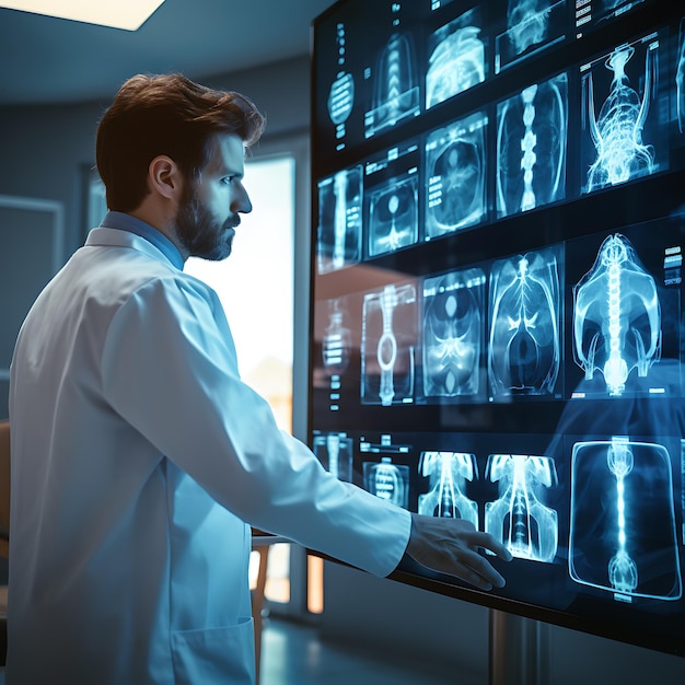 Un médico mira las imágenes de rayos X de su paciente fotorrealistas hiperrealistas