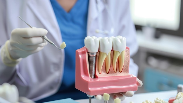 Médico con un modelo educativo de implante dental que consulta a pacientes en el concepto de odontología de la clínica