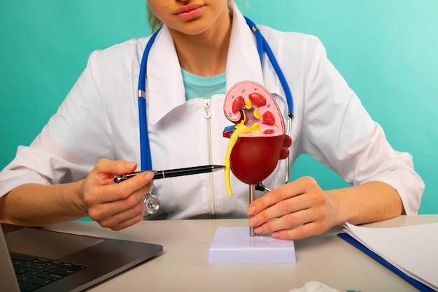 Foto médico mostrando caneta em modelo de plástico de rim humano em close-up