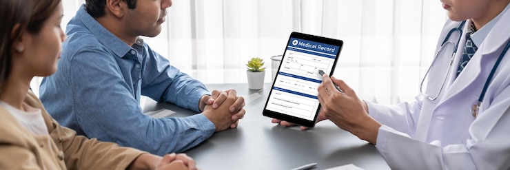 Foto el médico muestra el informe de diagnóstico médico en la tableta a la joven pareja neotérico
