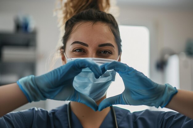 El médico muestra el signo del corazón con las manos con guantes