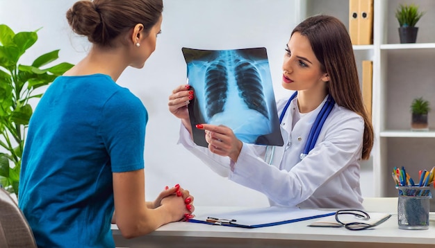 Foto el médico muestra a su paciente una radiografía de sus pulmones.