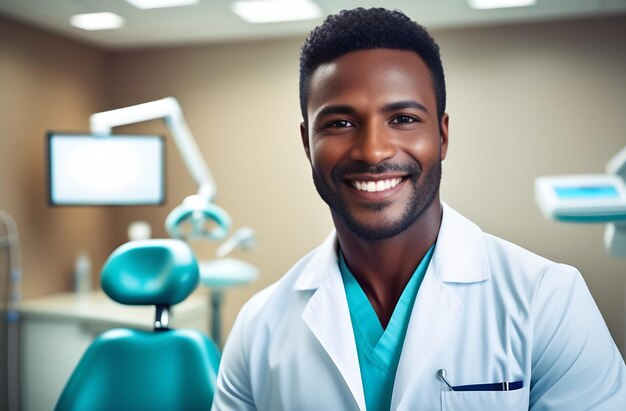 Médico negro sentado em uma cadeira sorrindo olhando para a câmera