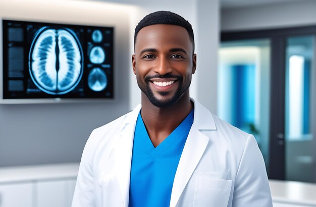 Un médico negro sonriendo mirando a la cámara