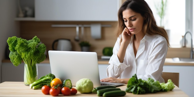 Médico nutricionista feminino sentado e apontando ingredientes saudáveis veganos frescos para paciente on-line