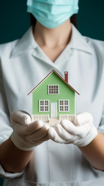 médico o enfermera con guantes quirúrgicos sosteniendo una casa modelo