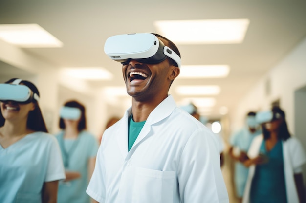 Un médico o enfermera trabajador de la salud que usa auriculares de realidad virtual en un hospital