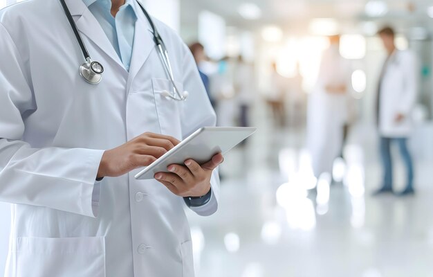 Médico o personal médico con uniforme de túnica blanca con estetoscopio en el servicio de la clínica del hospital