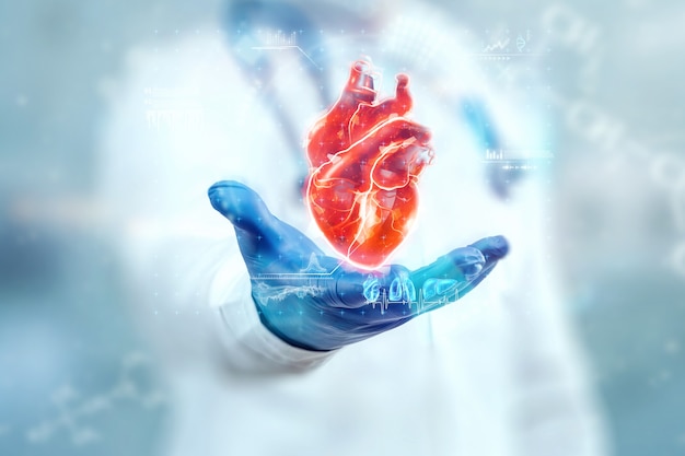 El médico observa el holograma del corazón, verifica el resultado de la prueba en la interfaz virtual y analiza los datos. Enfermedad cardíaca, infarto de miocardio, tecnologías innovadoras, medicina del futuro.