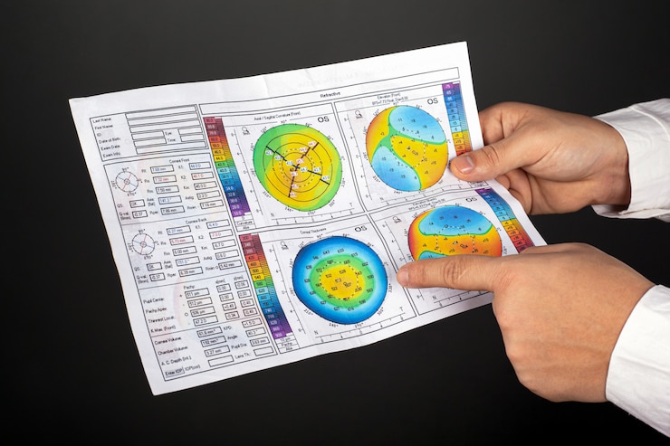 Foto el médico oftalmólogo muestra los ojos de la topografía corneal con queratocono en un primer plano de la pared oscura.