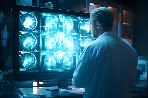 Médico olhando xrays em radiologista de laboratório trabalha com exames de ressonância magnética