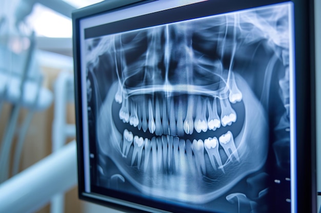 Un médico ortodontista examina una radiografía de los dientes de un paciente.