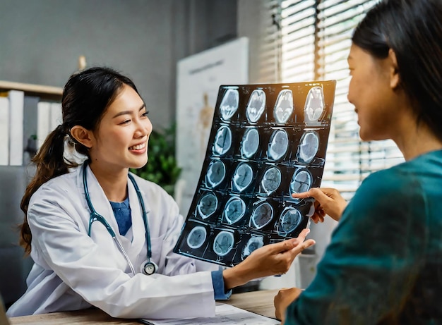 Foto médico ortopédico femenino mostrando una resonancia magnética ósea al paciente explicando el resultado del chequeo generativo ai