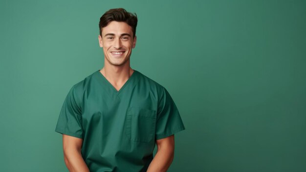 Médico ou enfermeira amigável em uniforme verde esfrega em fundo copyspace