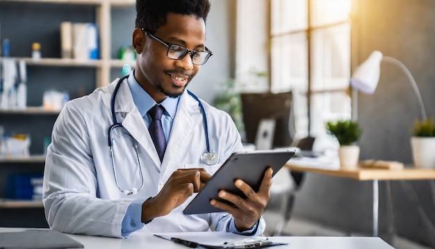 Médico ou médico em casaco de laboratório diagnostica a saúde dos pacientes on-line usando tablet móvel em clínica