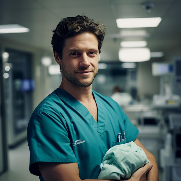 Médico ou parteira com recém-nascido