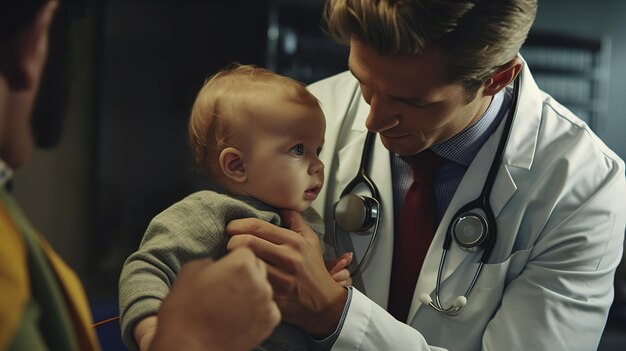 médico ou pediatra feliz com o bebé na clínica
