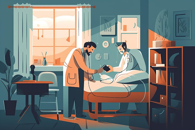 Médico y paciente en la ilustración de la habitación del hospital en estilo plano