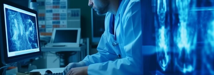 Médico y paciente mirando una imagen de rayos X en un hospital