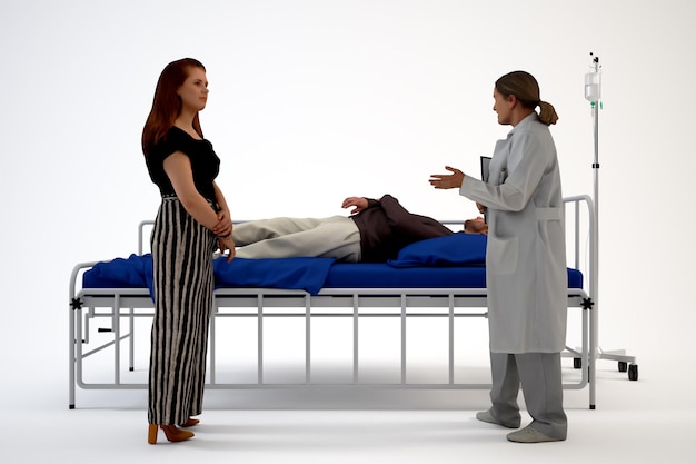 Un médico, un paciente y una mujer están a un lado de la cama de un hospital.