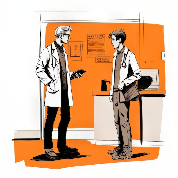 médico y paciente en la oficina renderización 3D dibujo digital por computadora