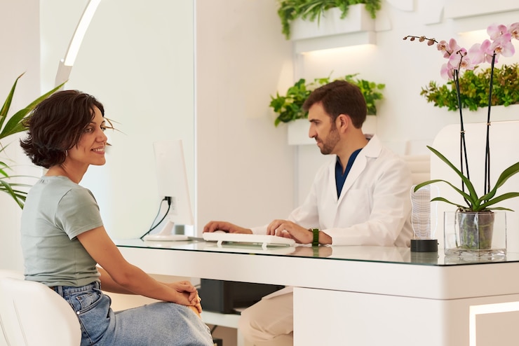 Foto médico con un paciente en la recepción de la clínica dental.