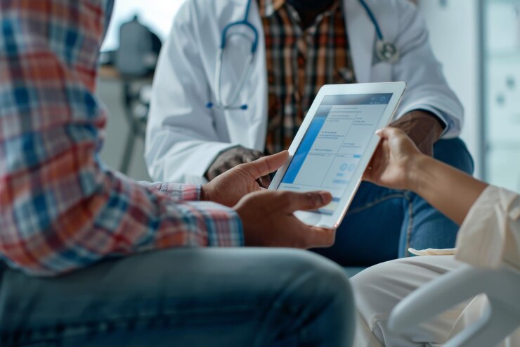 Médico y paciente revisando información médica en una tableta en un entorno clínico