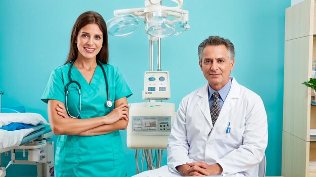 Foto un médico y un paciente sentados frente a un equipo médico