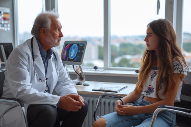 El médico y el paciente tienen una consulta en un hospital moderno