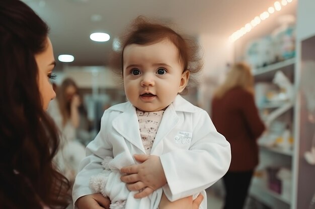 Foto médico palpando o abdômen das meninas verificando sinais de doença cuidados de saúde preventivos para crianças