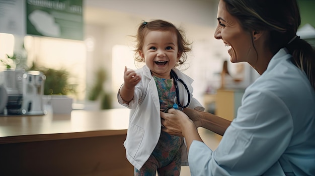 El médico pediatra y el bebé sonriendo