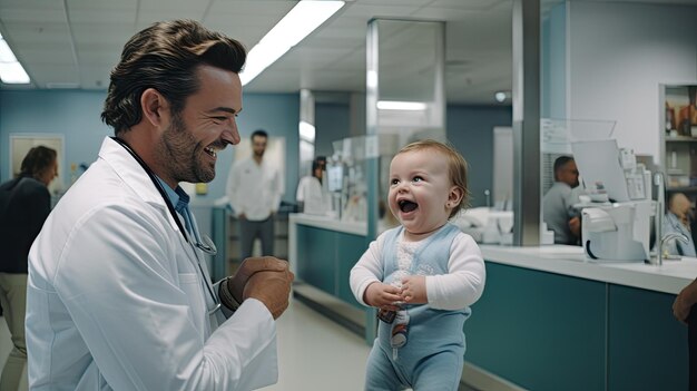 Médico pediatra e bebê sorrindo