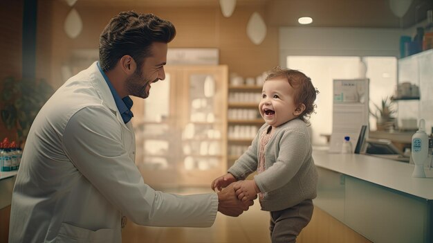 Foto médico pediatra e bebê sorrindo