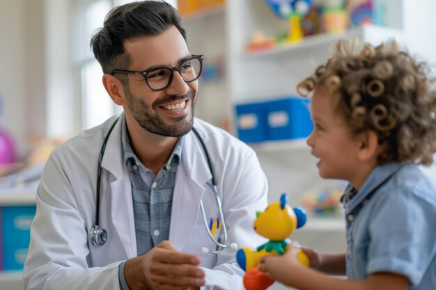 Foto médico pediatra envolvido com um paciente jovem cuidados de saúde e bem-estar infantil amigáveis