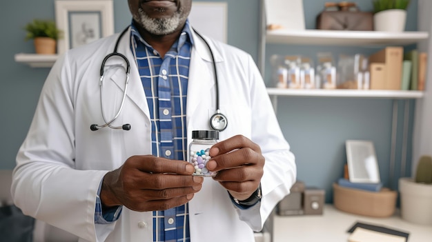 Foto médico perito examina cuidadosamente um frasco de comprimidos salva-vidas