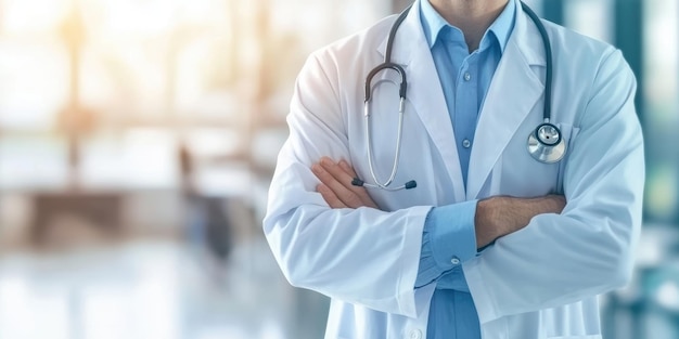 médico de pie con estetoscopio y en uniforme en la clínica