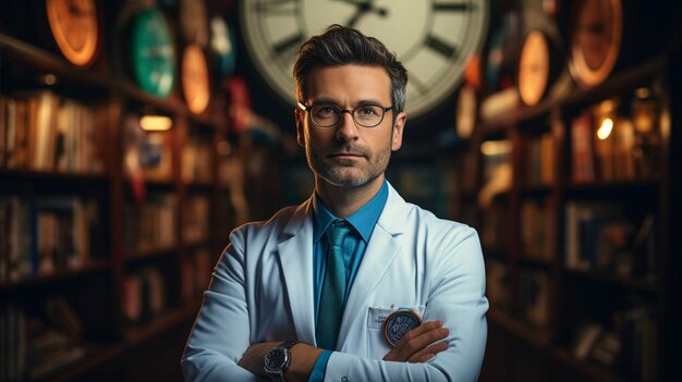 Foto un médico de pie junto a un reloj de fondo día mundial de la salud