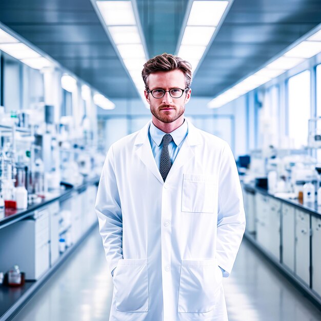 un médico de pie en una postura moderna y profesional Él está usando un traje de laboratorio y sonriendo