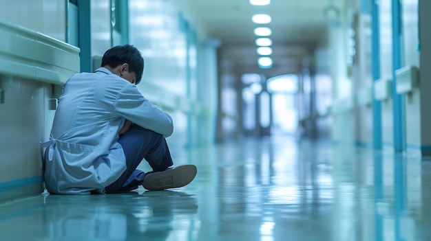 Un médico preocupado se sienta en el pasillo del hospital enfrentando el estrés y el agotamiento