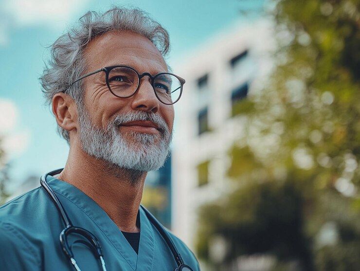 Médico profesional de la salud de pie al aire libre en el hospital