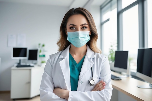 Médico profesional trabajando en la oficina del hospital Retrato de una joven y atractiva médica con máscara de protección