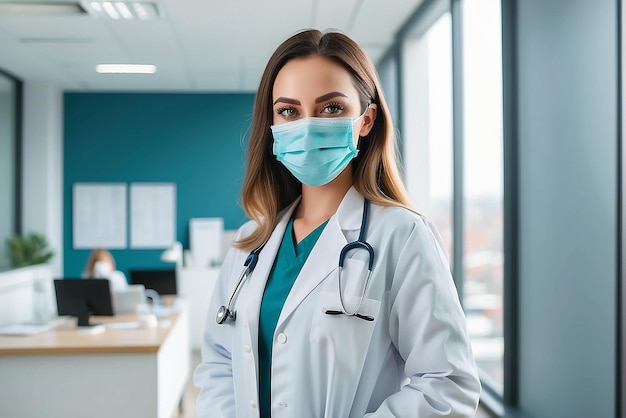 Médico profesional trabajando en la oficina del hospital Retrato de una joven y atractiva médica con máscara de protección