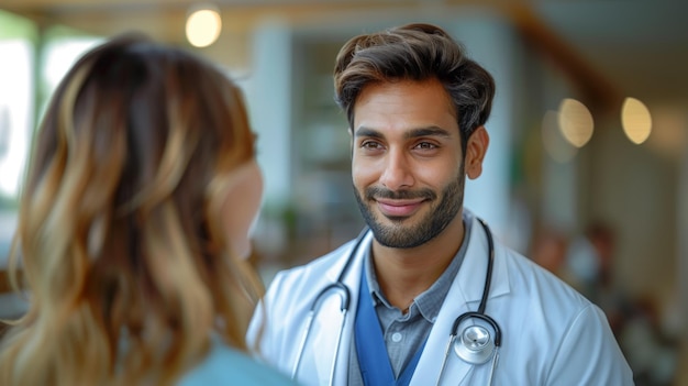 Médico profissional indiano de casaco branco a falar com uma mulher madura na clínica.