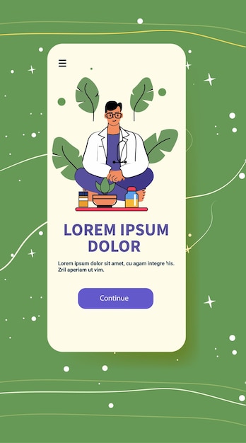 Médico que promueve un estilo de vida saludable y longevidad La ilustración muestra a un médico con plantas y suplementos en un fondo verde con elementos abstractos Pantalla de la aplicación móvil