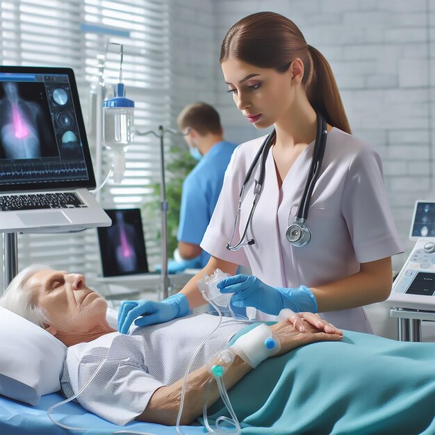 Foto médico que trata a un paciente en el hospital