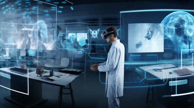 un médico que usa gafas virtuales mira dispositivos médicos en la pantalla al estilo de entornos de ciencia ficción