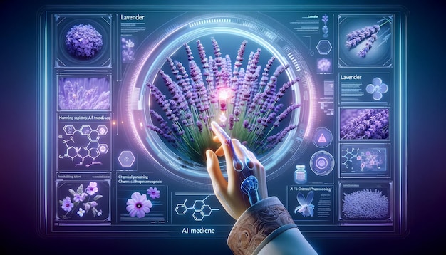 Médico que utiliza un holograma de panel farmacológico de alta tecnología medicina a base de hierbas ciencia farmacéutica moderna